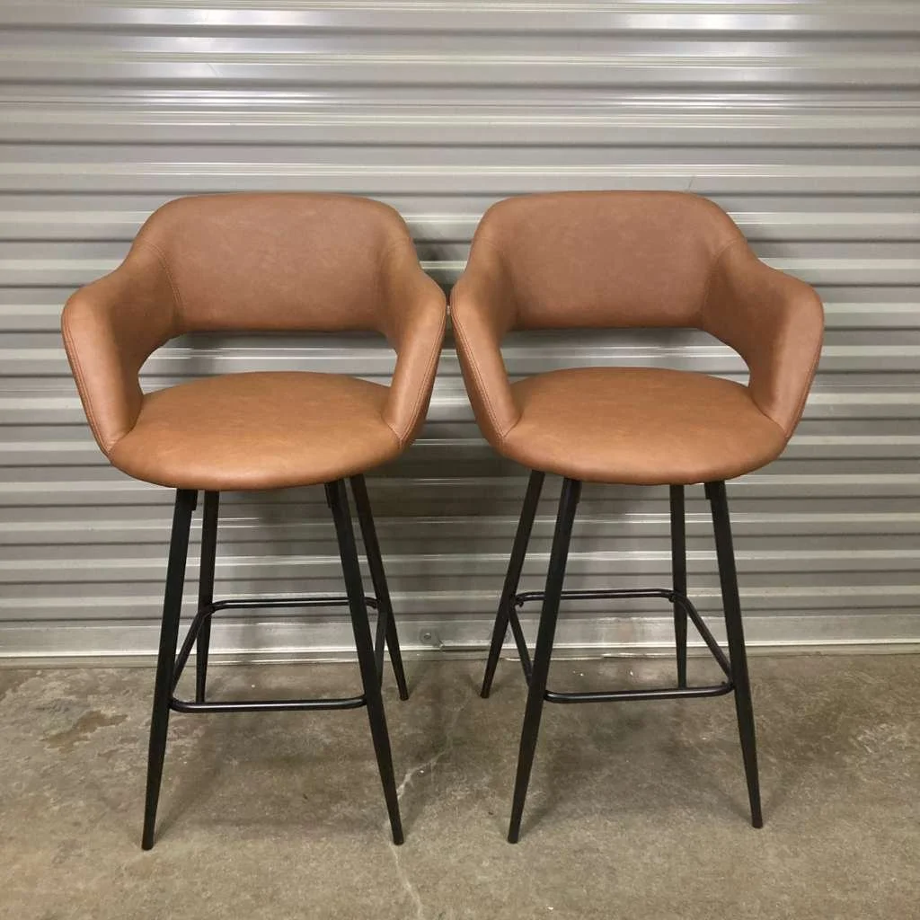 Margarite Counter Stools – 26” | Brown Faux Leather & Black Metal (Set of 2)
