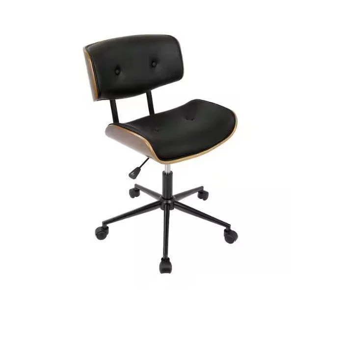 Black Faux Leather Adjustable Office Chair with Walnut Accents