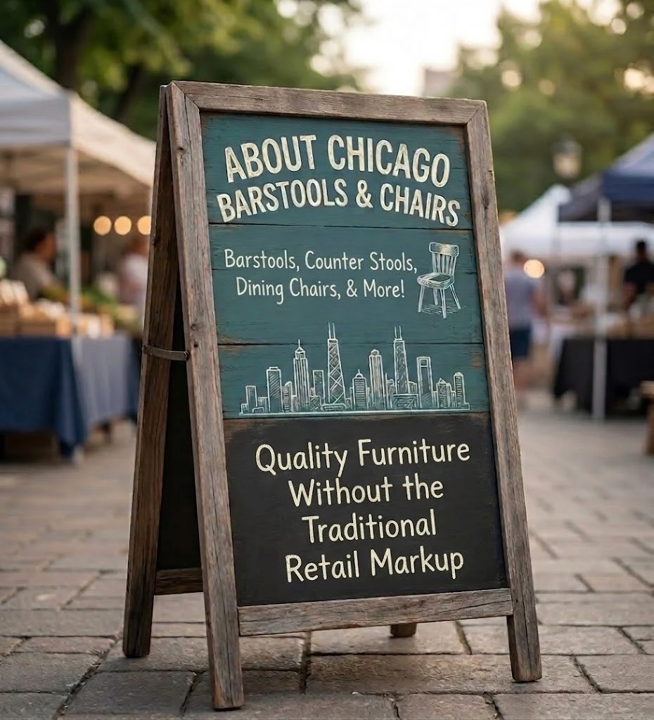 A wooden A-frame sign at an outdoor market advertising Chicago-themed barstools and chairs, with skyline illustrations and text promoting furniture without traditional retail markup.