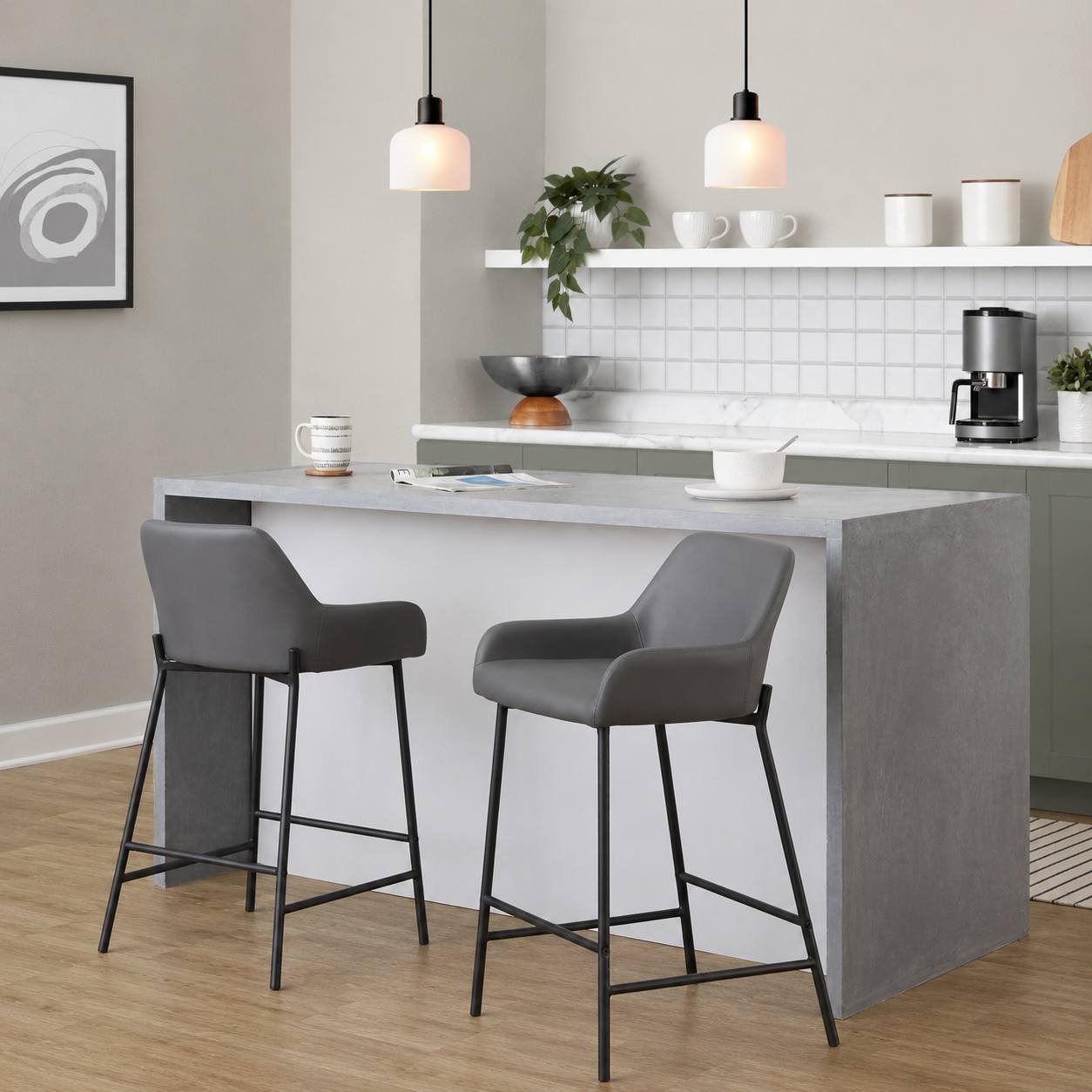Daniella 24” Fixed-Height Counter Stools – Set of 2 (Black Metal & Grey PU)