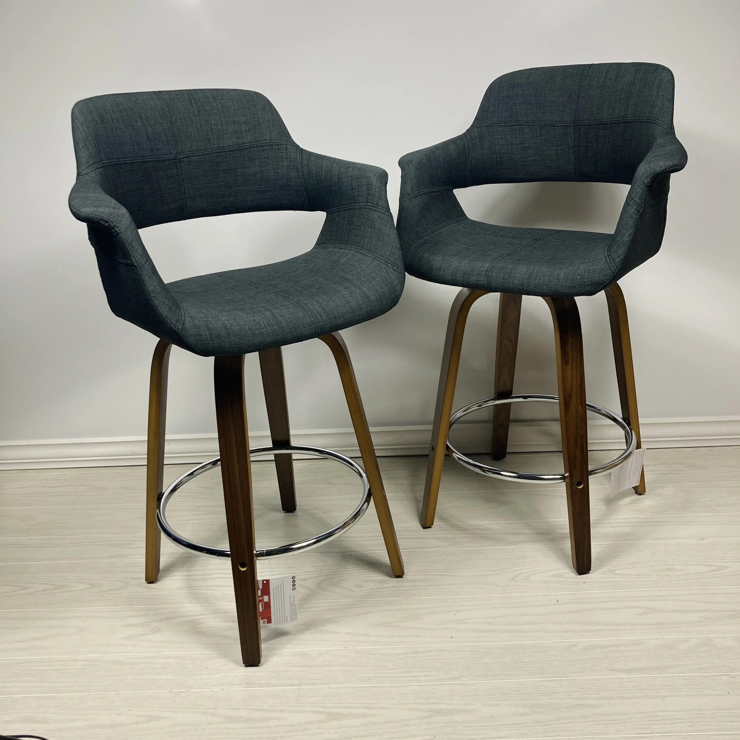 Charcoal Fabric Bar Stools with Walnut Wood Frame & Black Metal Footrest – Set of 2