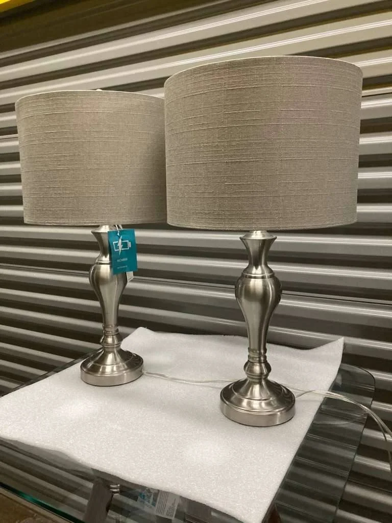 Modern Metallic Table Lamp - Set of 2 (Brushed Nickel & Beige Linen)