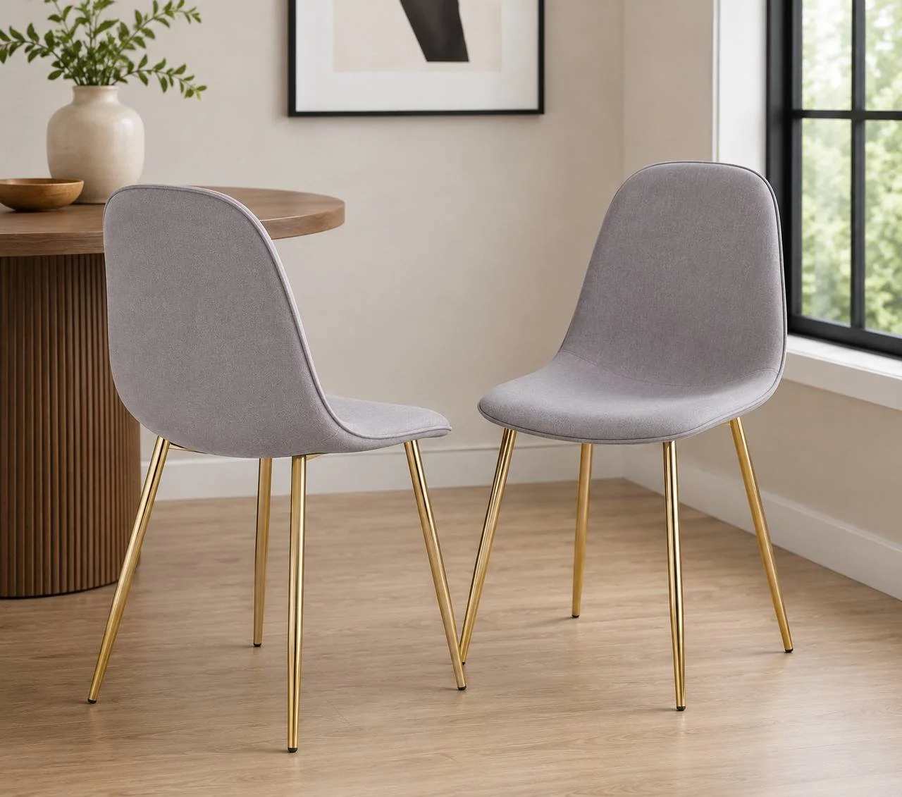 Pebble Chair – Set of 2 (Gold Steel & Light Grey Fabric)