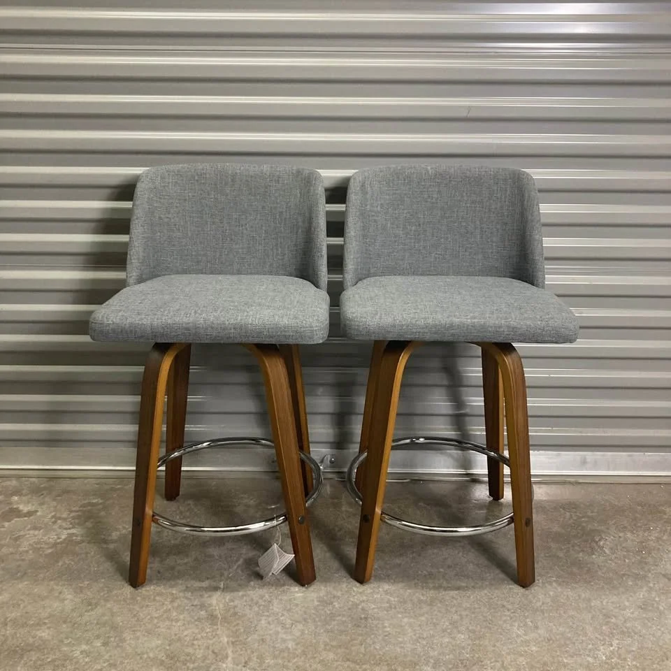 24.5” Toriano Swivel Counter Stools (Grey Fabric & Walnut Wood) – Set of 2