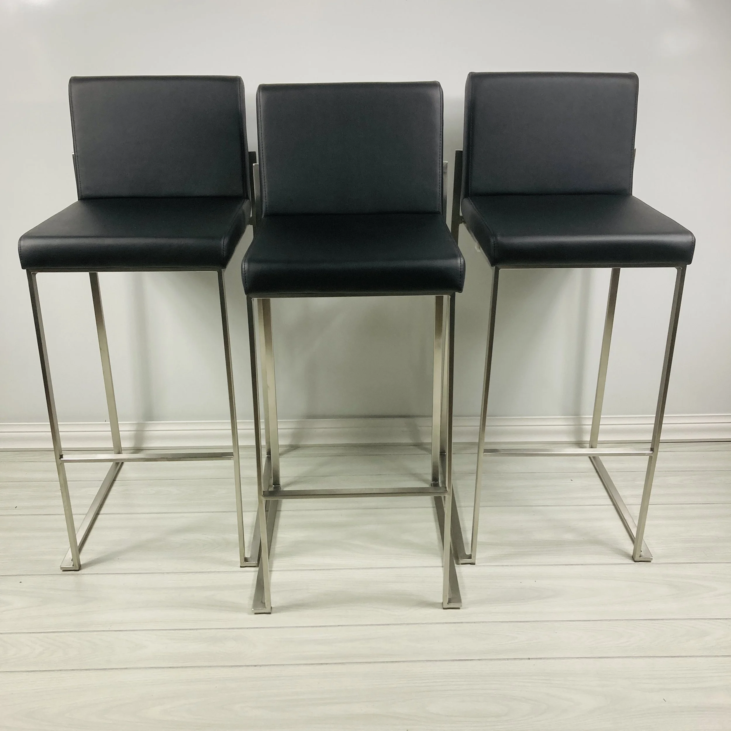 Black Faux Leather Bar Stools with Stainless Steel Frame – Set of 3