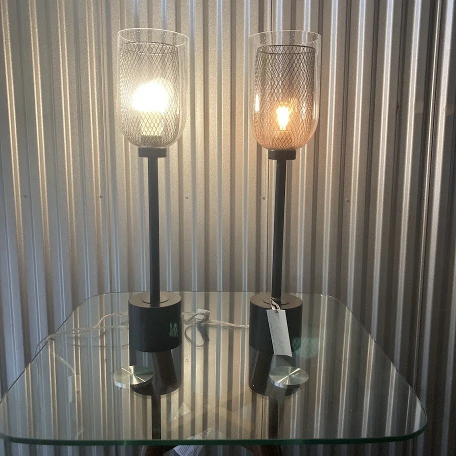 pair of modern industrial table lamps with mesh interior
