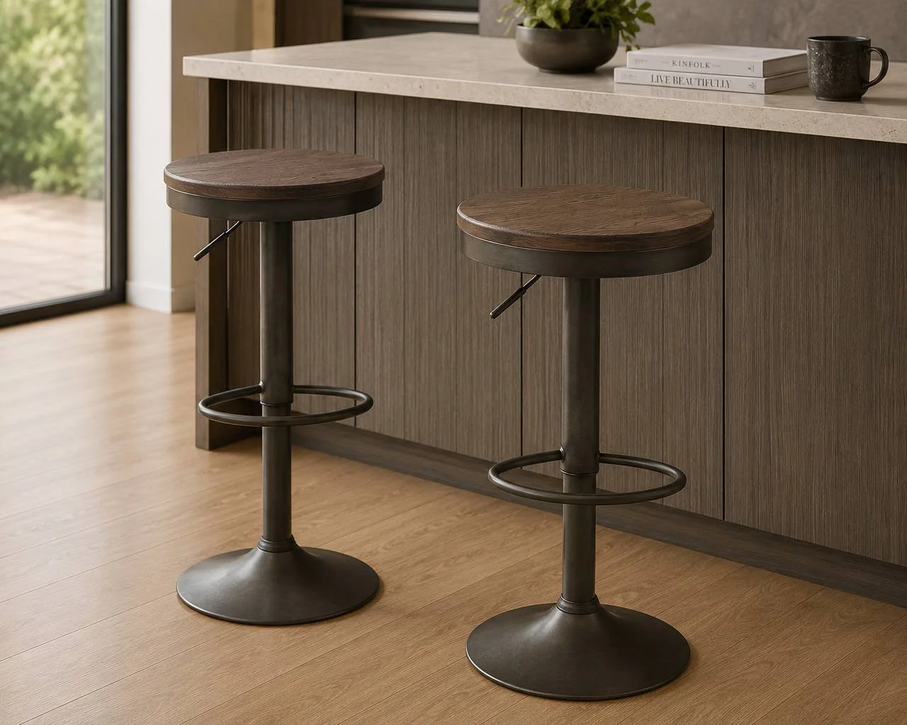 Dakota Adjustable Industrial Barstools – Set of 2 (Antiqued Wood & Metal)