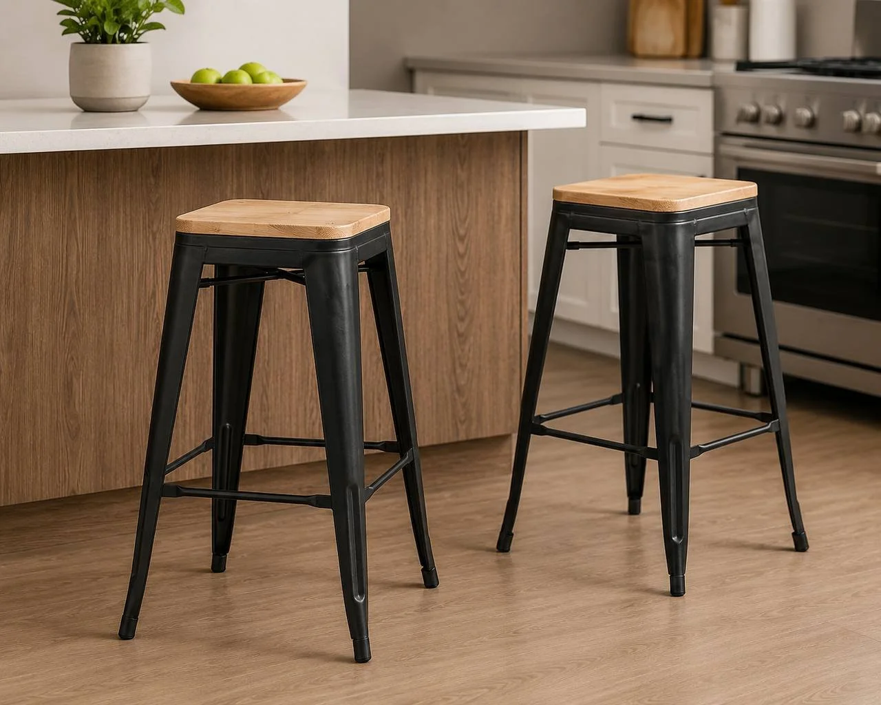 Oregon 30” Contemporary Bar Stools – Set of 2 (Black Steel & Natural Wood)