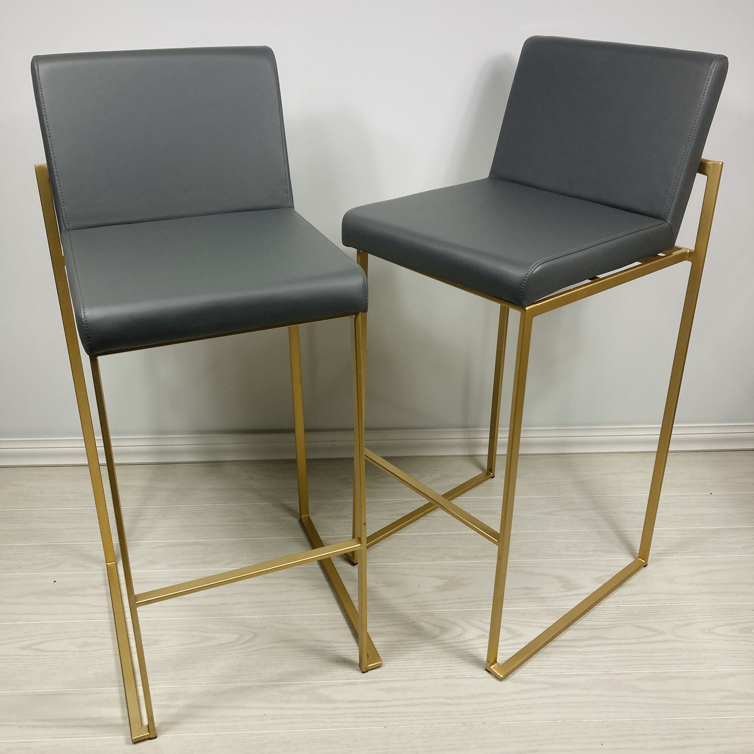 Grey Faux Leather 30" Bar Stools with Gold Metal Frame – Set of 2