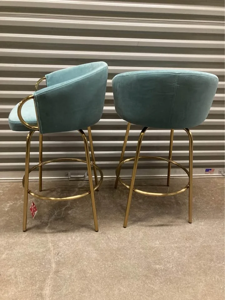 Gold Metal Bar Stool Light Blue Upholstery