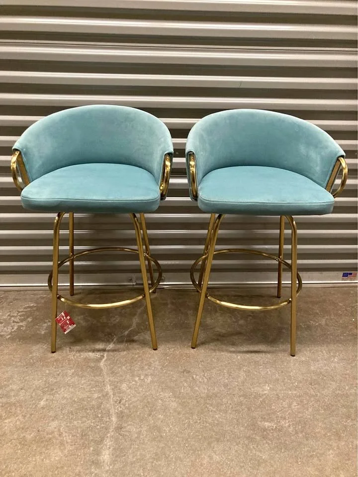 26.5" Claire Counter Height Barstools – Set of 2 (Light Blue Velvet & Gold Metal)