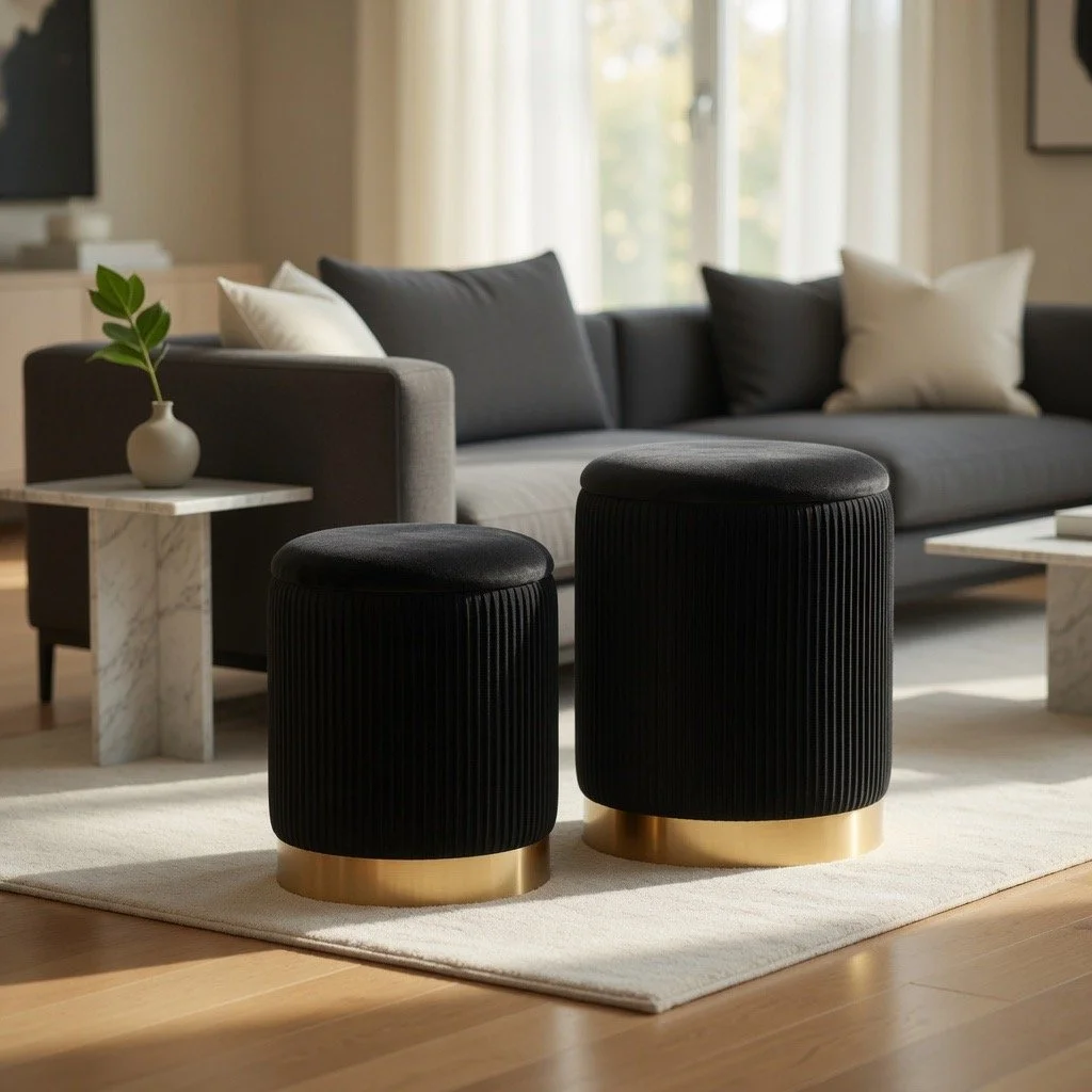 Marla Nesting Pleated Ottoman Set (Black Velvet & Gold Metal)