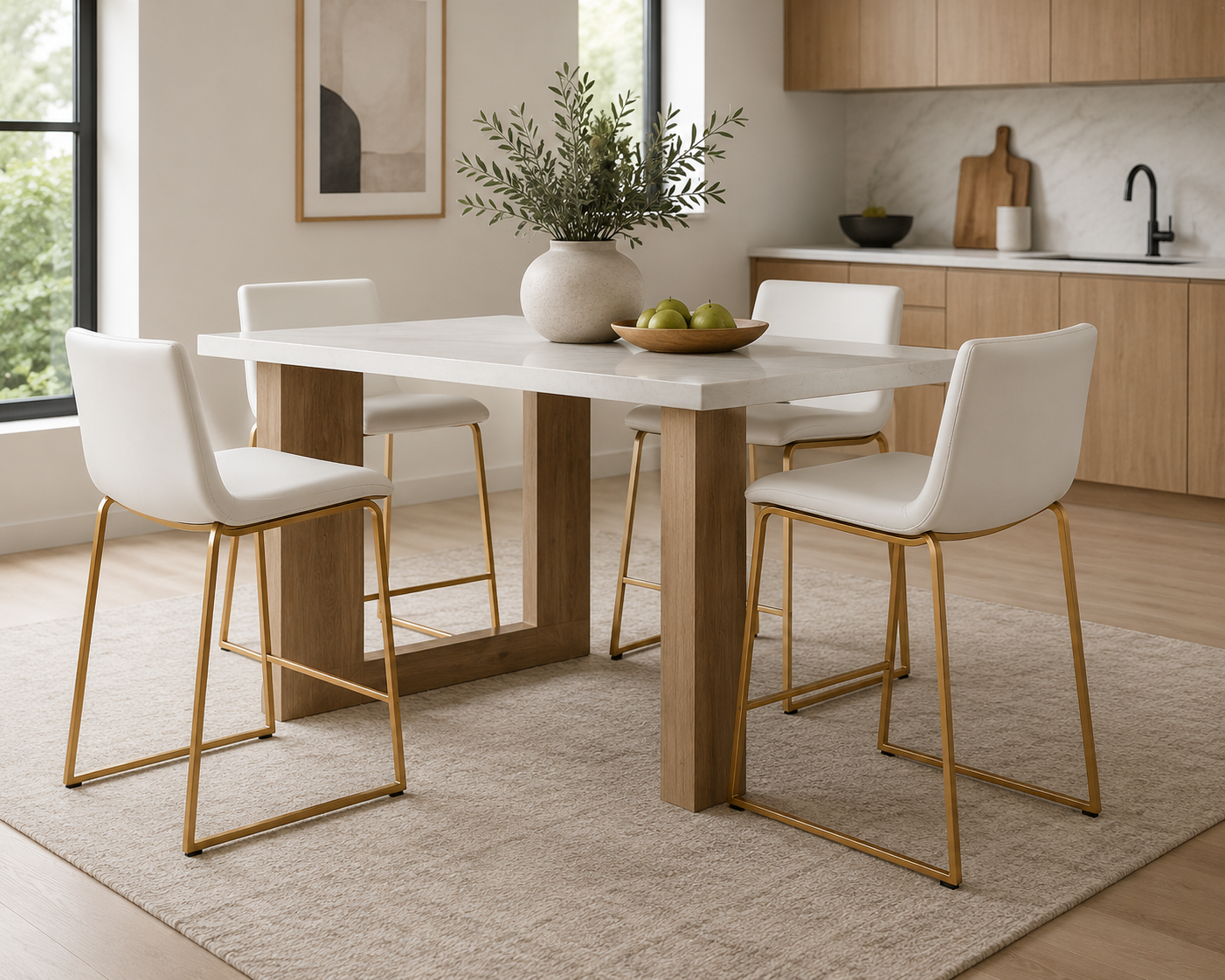 Mara 30” Fixed-Height Barstool (Set of 4) – White PU & Gold Metal
