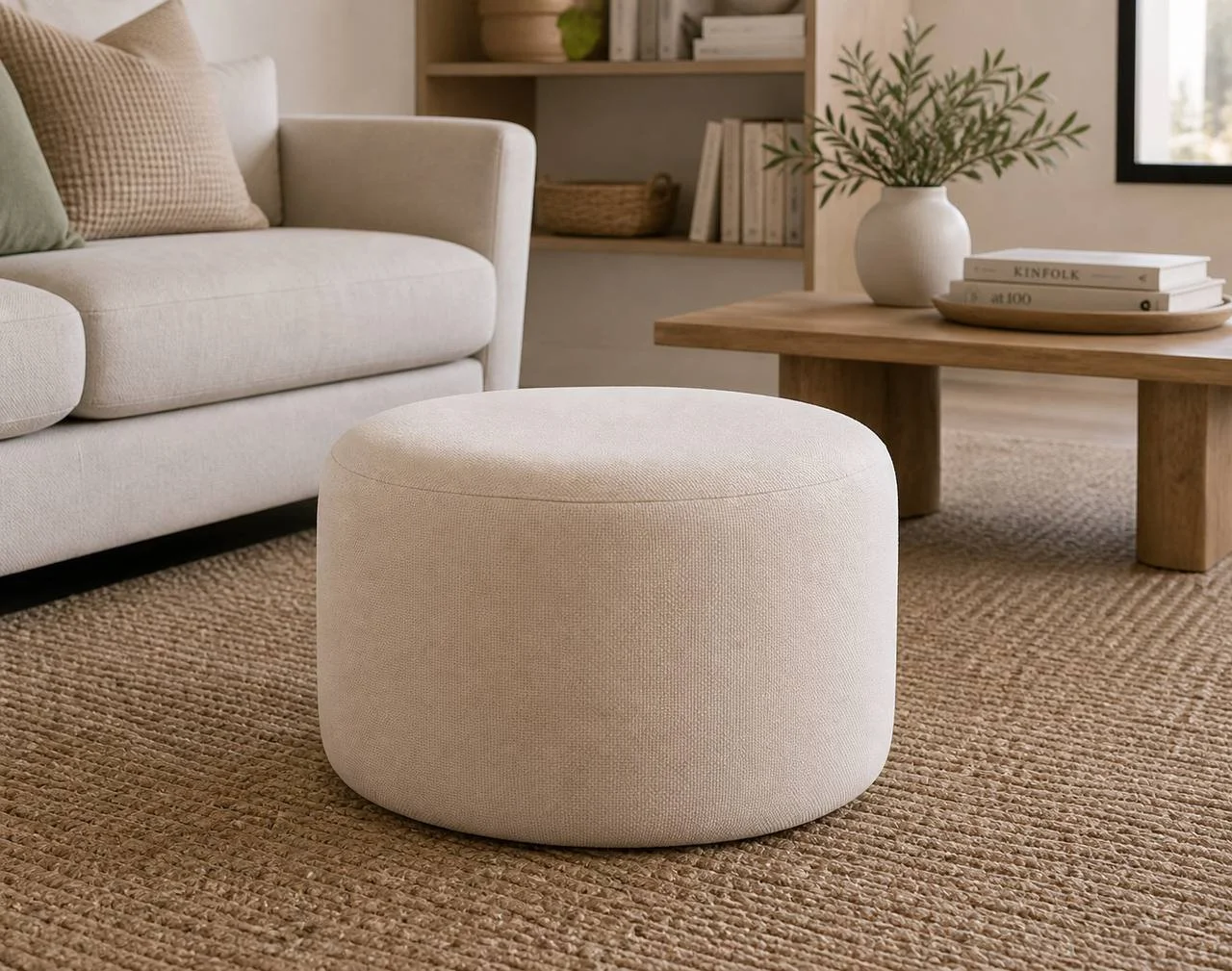 Large Round Pouf Ottoman (Beige Fabric)