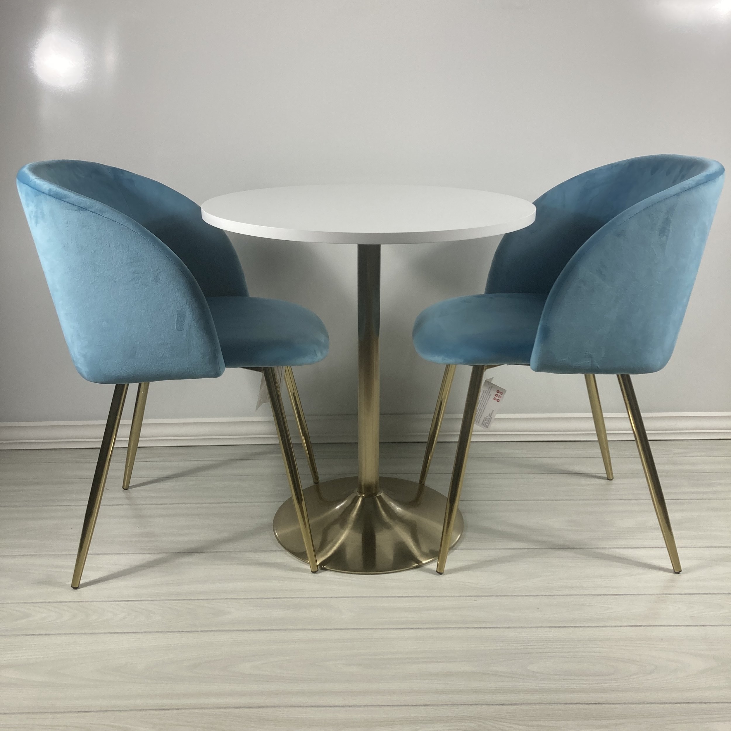 Set - Fran Light Blue Velvet Chairs & Pebble White MDF / Gold Metal Table