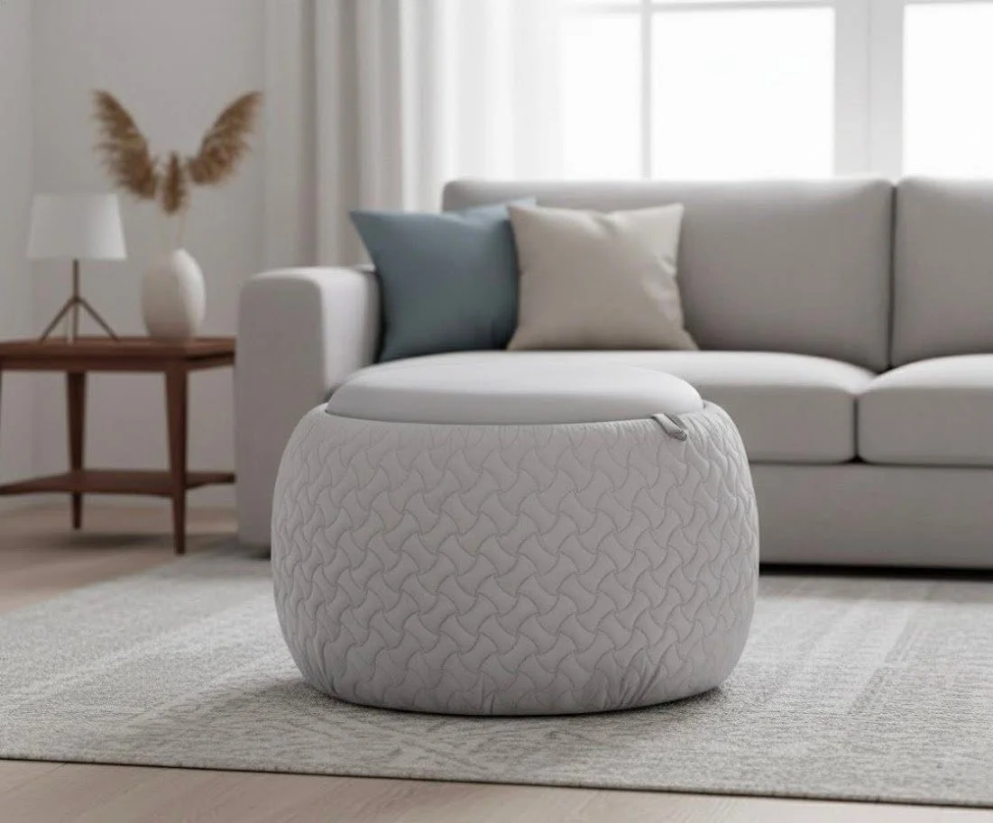 Silver Velvet Tray Pouf Ottoman
