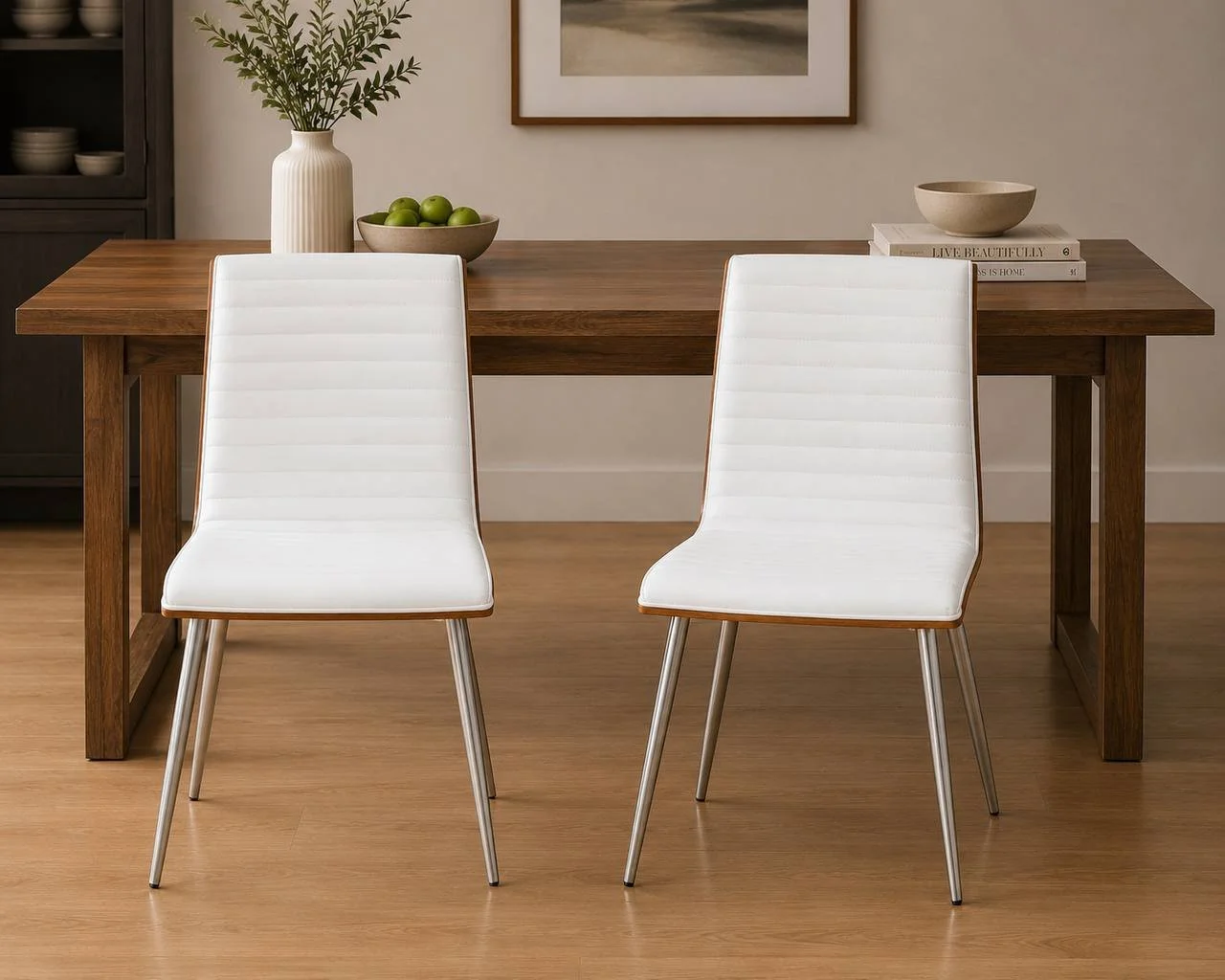 Mason Swivel Chair – Set of 2 (Stainless Steel, Walnut Wood & White PU)