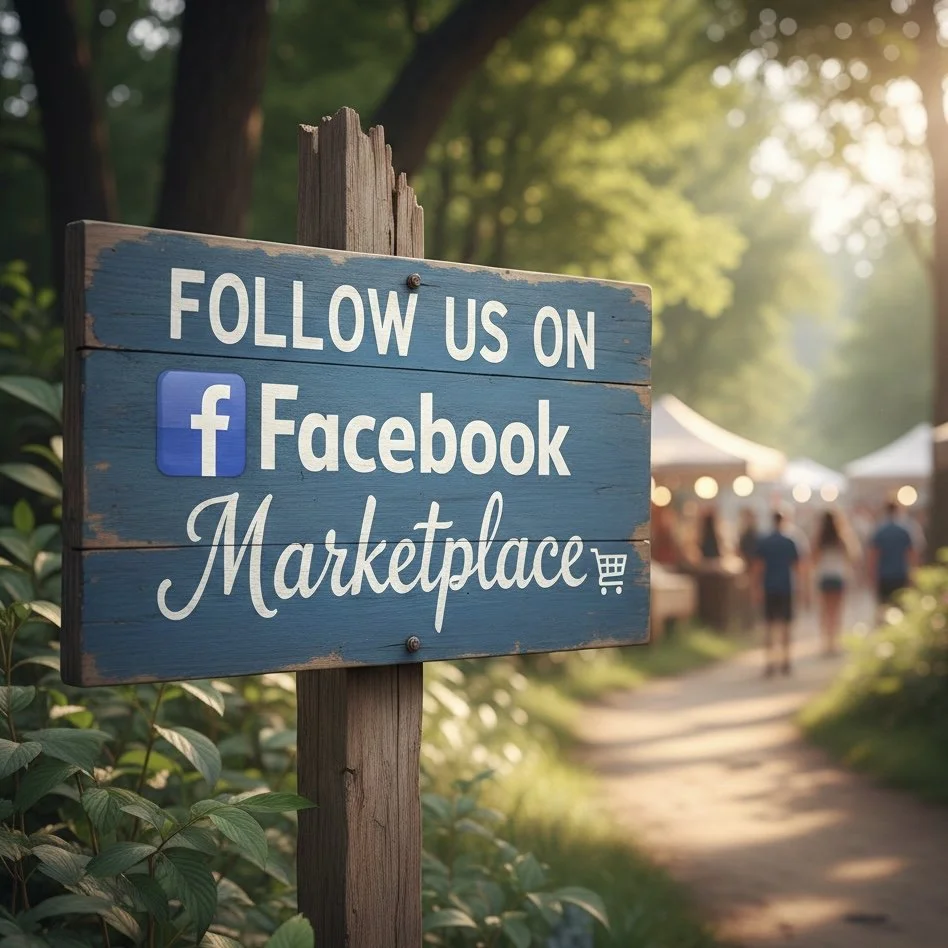 Wooden sign encouraging people to follow the marketplace on Facebook, with a background of outdoor market tents and people walking on a sunny day.