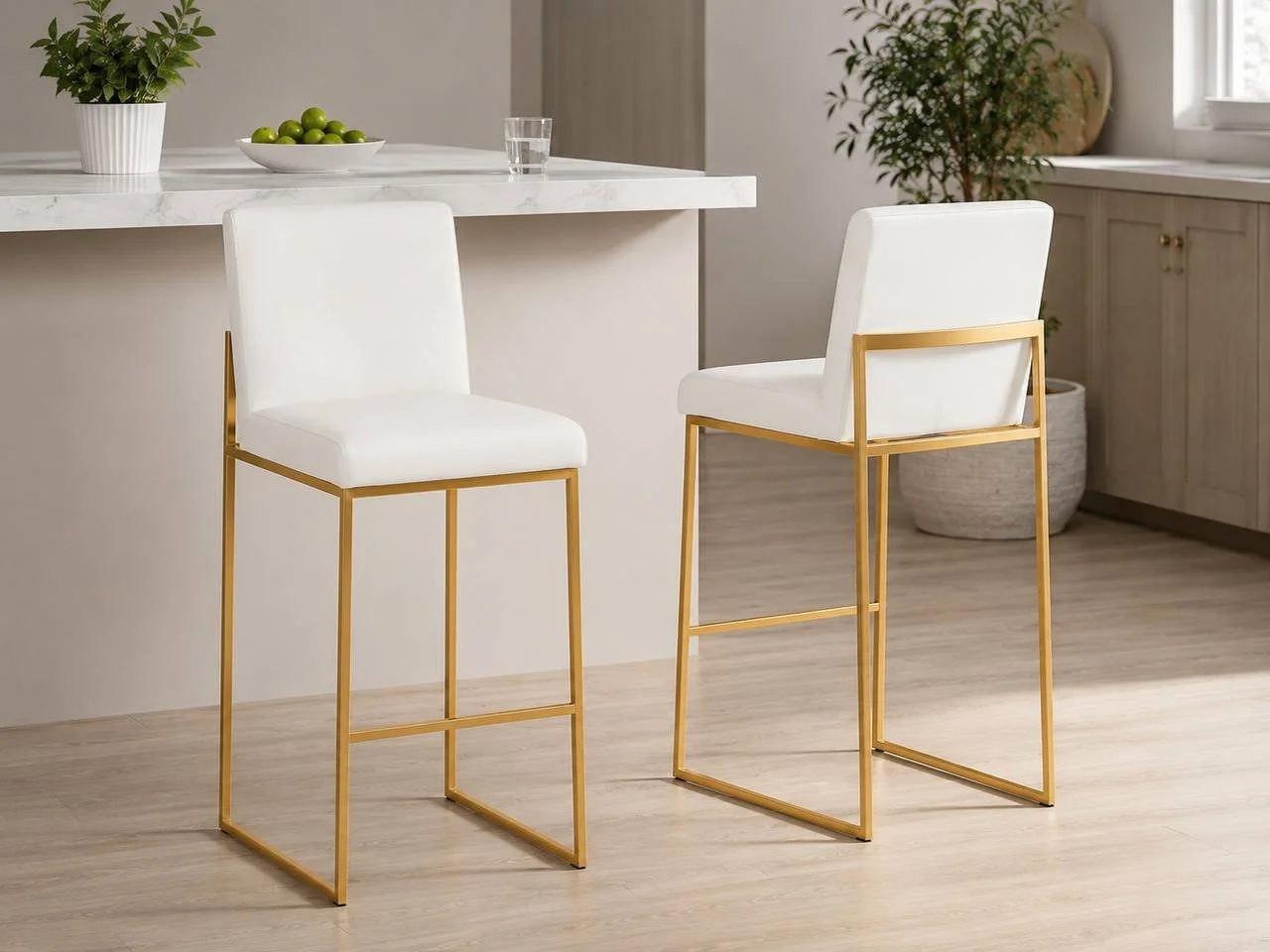 Fuji High Back 26” Fixed-Height Counter Stools – Set of 2 (Gold Steel & White PU)