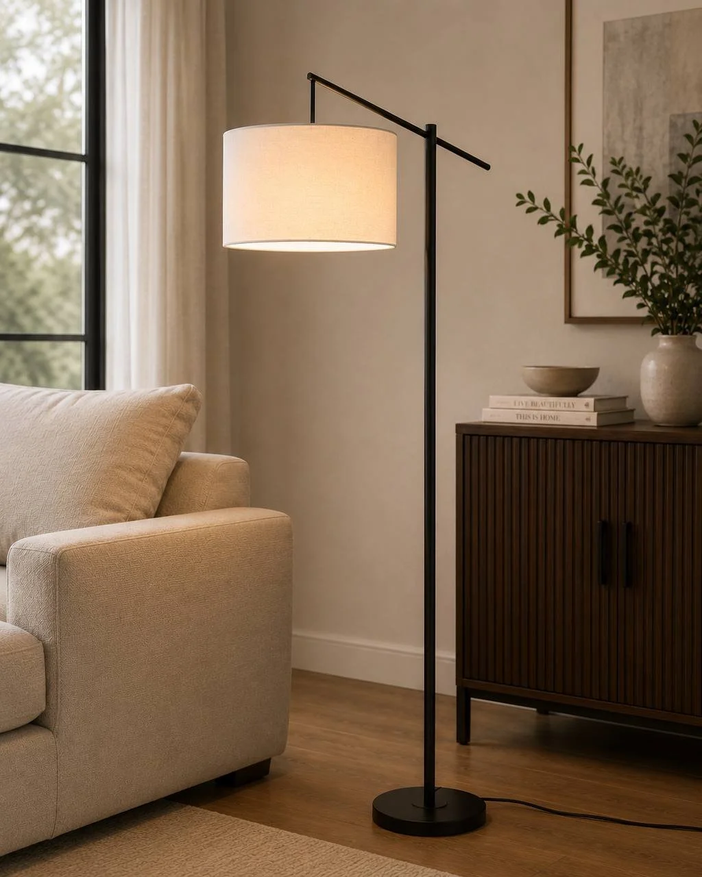 Casper 69" Metal Floor Lamp (Matte Black Metal & Natural Linen)
