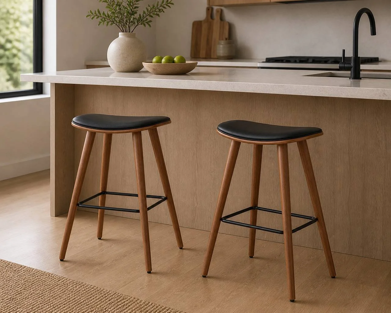 Saddle 26” Fixed-Height Counter Stool – Set of 2 (Black PU & Walnut)