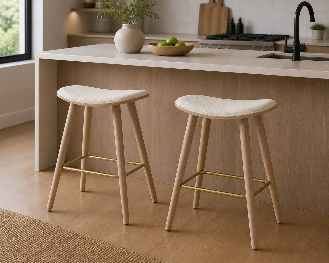 Saddle 26" Fixed-Height Counter Stool – Set of 2 (Whitewashed Wood, Gold Metal & Cream Fabric)