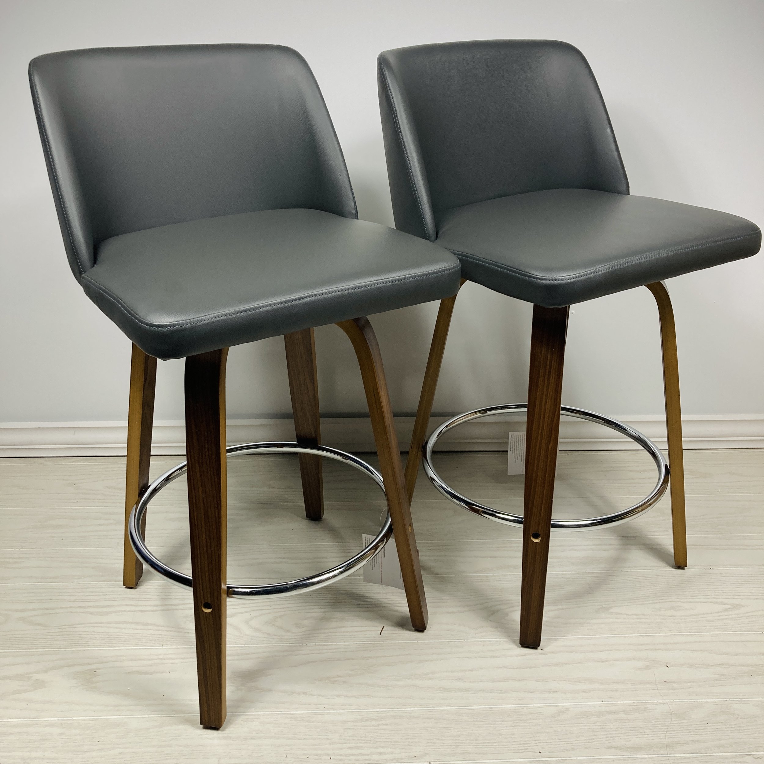 Swivel Grey Faux Leather Counter Stools with Walnut Wood Frame & Black Footrest – Set of 2