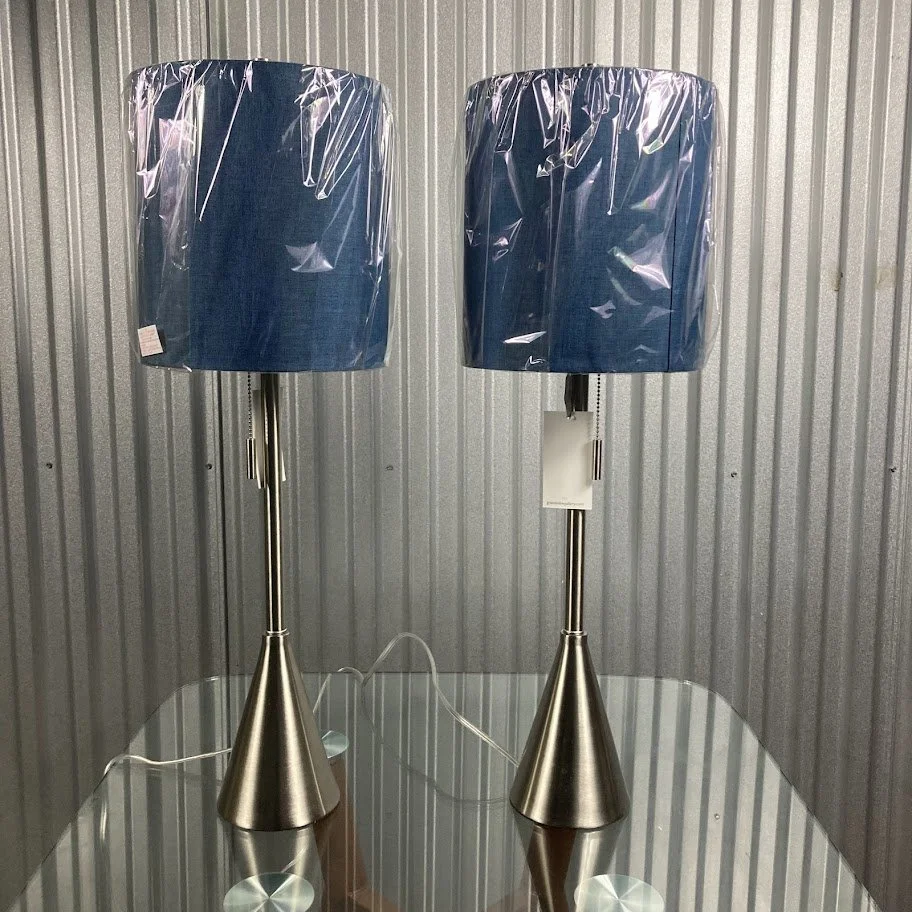 set of two blue fabric drum shade bedside lamps