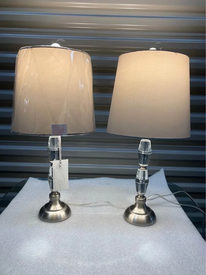 Crystal Glow Table Lamp – Set of 2 (Beige Shade & Brushed Silver Base with Crystal Accents)