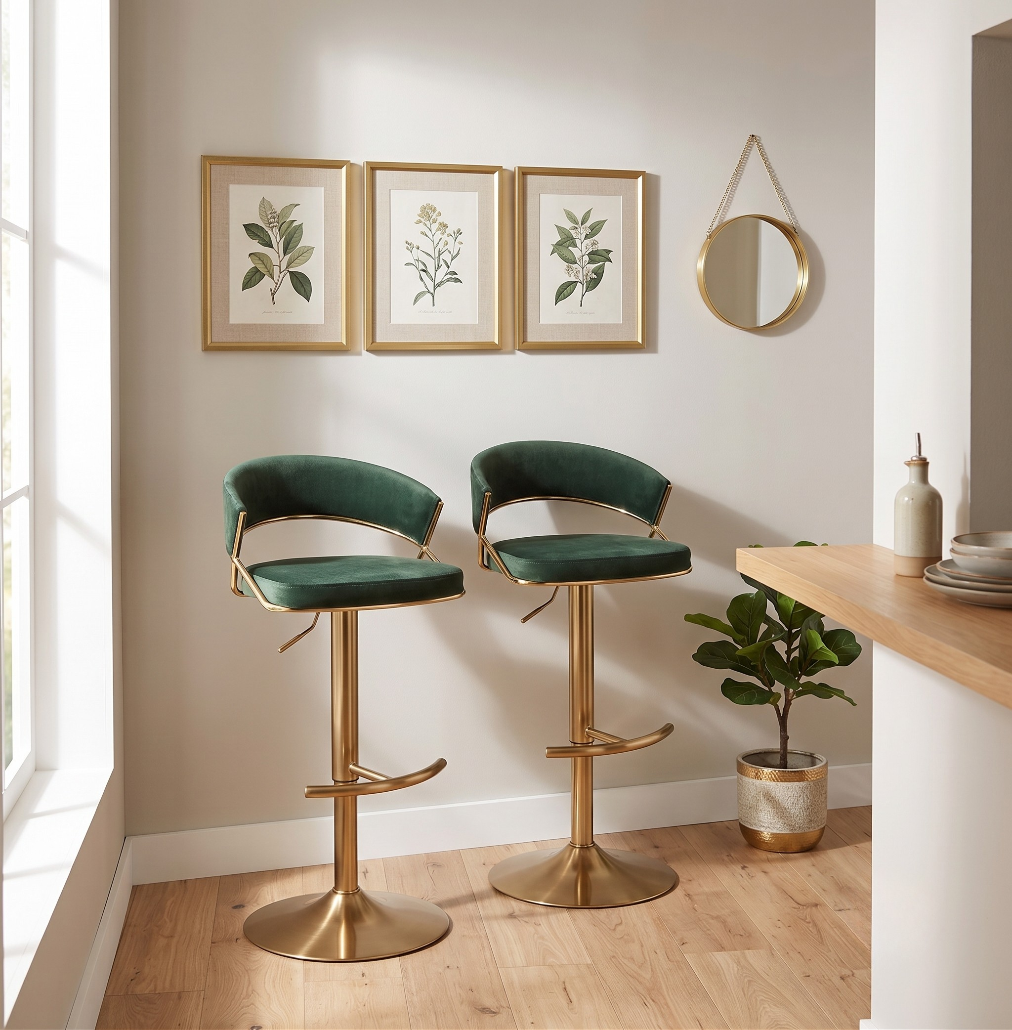 Green Velvet Adjustable Bar Stools with Gold Steel Base – Set of 2