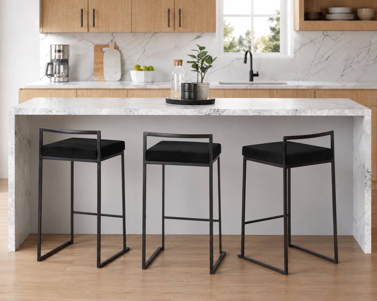 Fuji Stacker Fixed-Height Counter Stools – Set of 3 (Black Metal & Black Velvet)