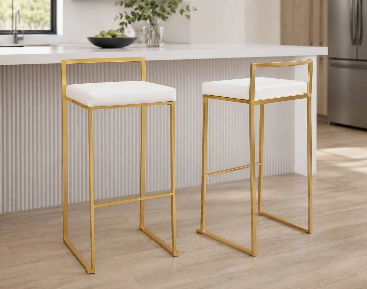 Fuji Stacker 30” Fixed-Height Barstools – Set of 2 (Gold Metal & White PU)