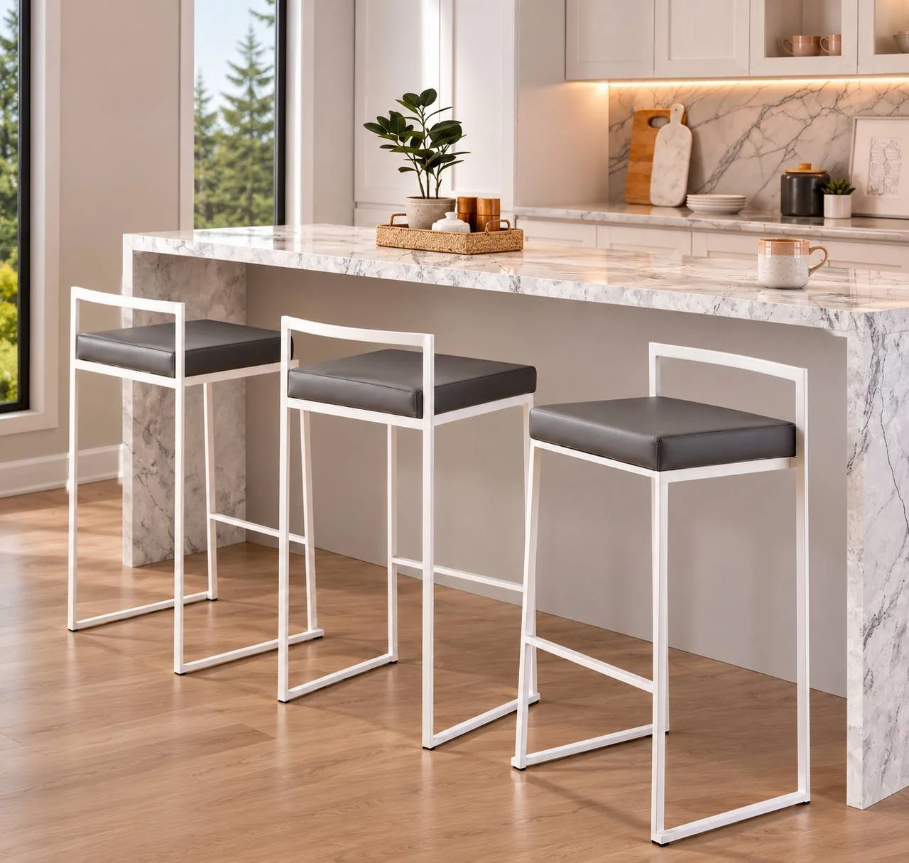 Fuji Stacker Fixed-Height Counter Stools – Set of 3 (White Metal & Grey PU)