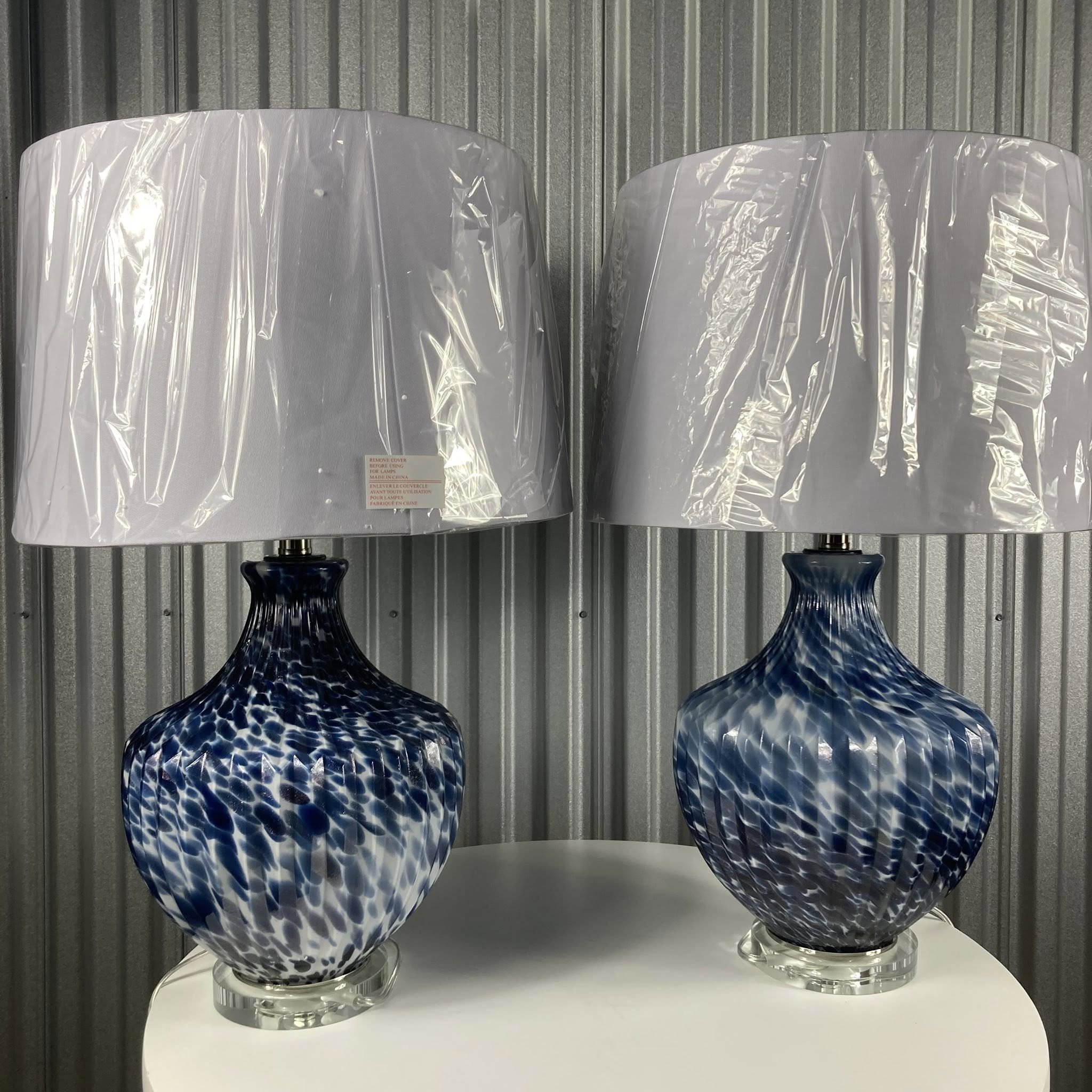Blue Lotus Glass Table Lamps – Set of 2 (Blue Glass & White Shade)