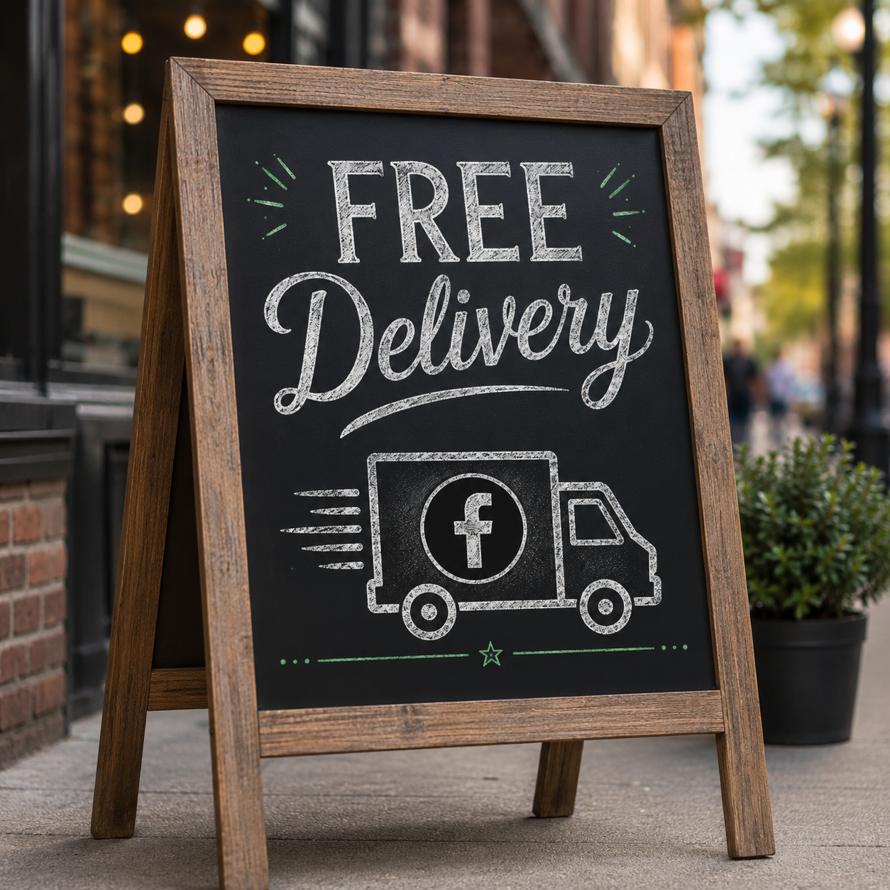 A wooden A-frame signboard on a sidewalk advertising free delivery with a chalk drawing of a delivery truck and the Facebook logo.