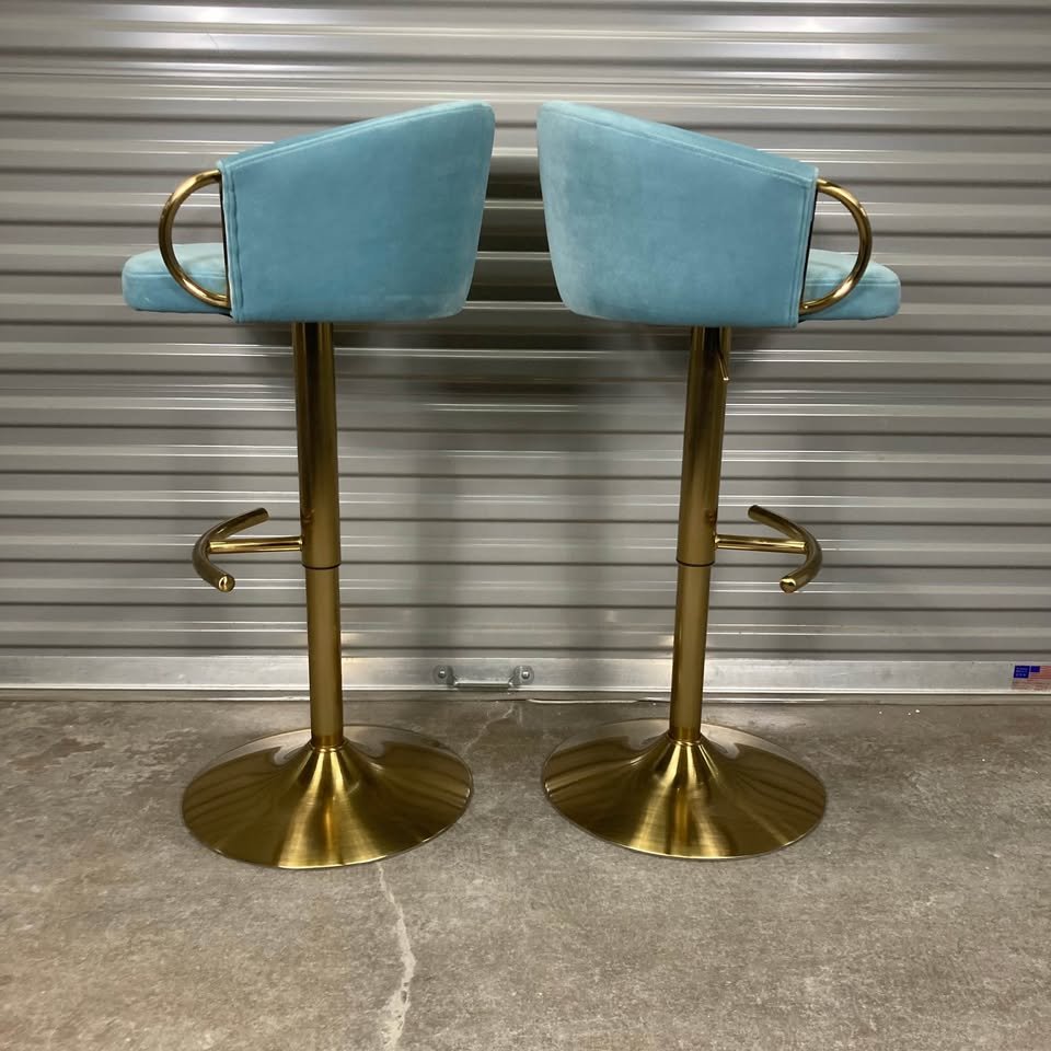 Light Blue Velvet Barstool Gold Metal Frame