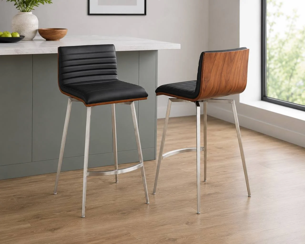 Mason 26” Fixed-Height Counter Stools – Set of 2 (Stainless Steel, Walnut Wood & Black PU)
