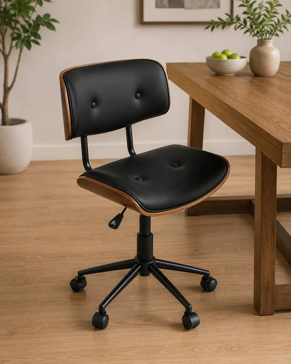 Lombardi Office Chair (Black Metal, Walnut Wood & Black PU)