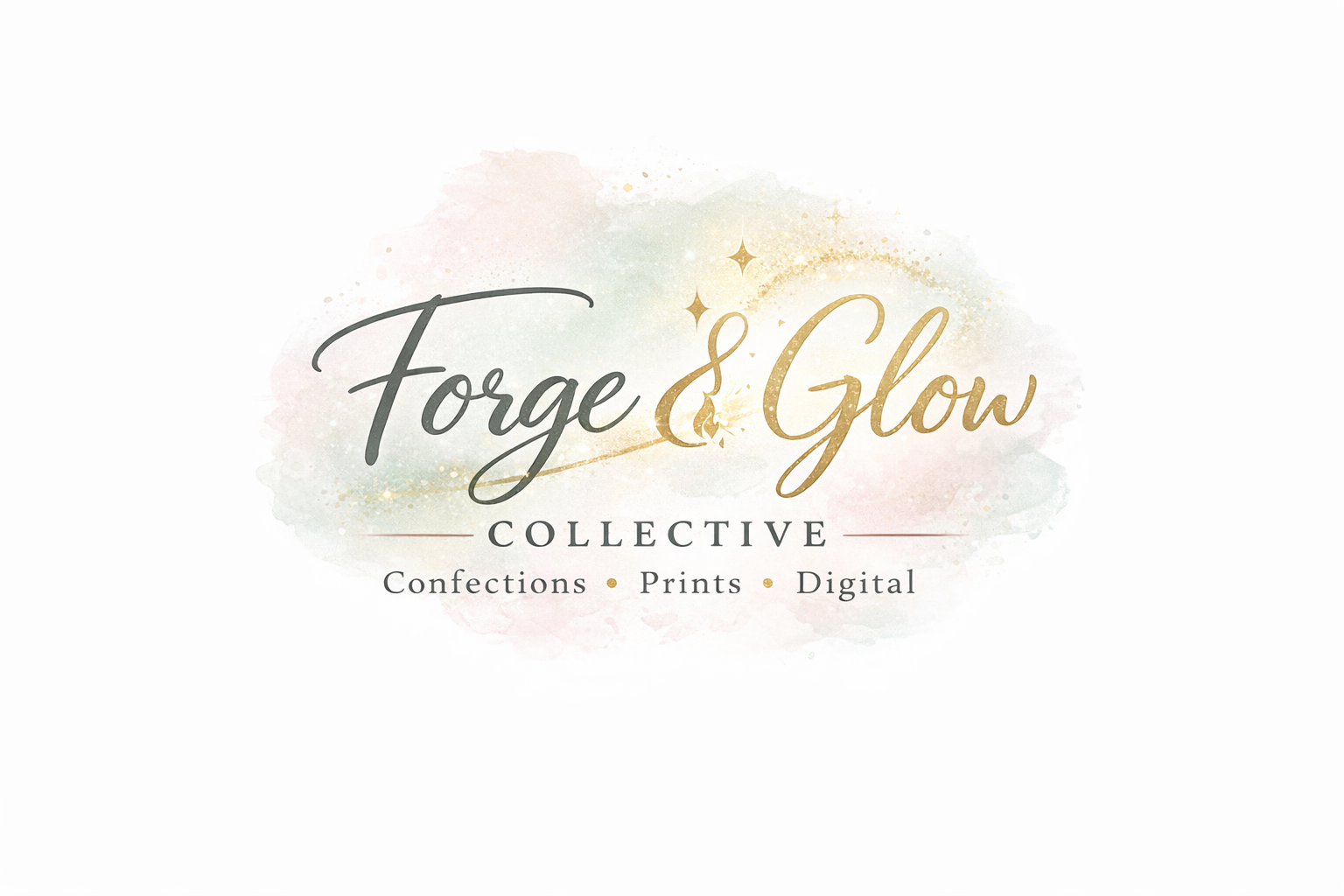 Logo for Forge & Glow Collective with pastel watercolor background, featuring elegant cursive text for the brand name and description of offerings like confections, prints, and digital products.