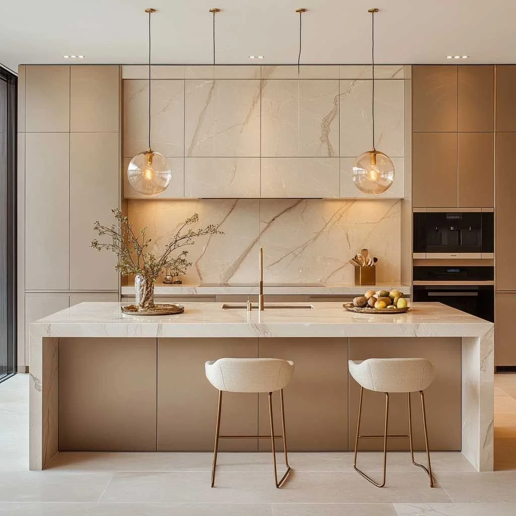 Modern kitchen with marble island, beige cabinetry, and pendant lighting