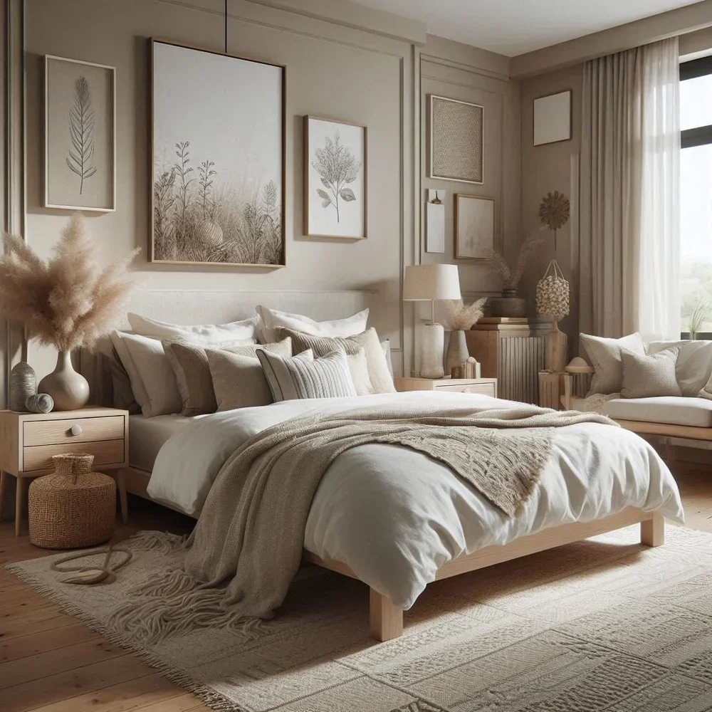 A cozy bedroom decorated in neutral tones with a bed, pillows, a blanket, and artwork on the wall, along with bedside tables, lamps, and decorative vases.