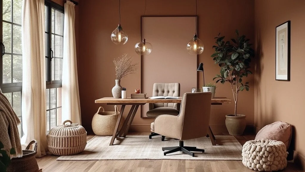 A home office with a wooden desk, two beige chairs, a large potted plant, hanging pendant lights, a window with white curtains, and decorative items on the desk and floor.