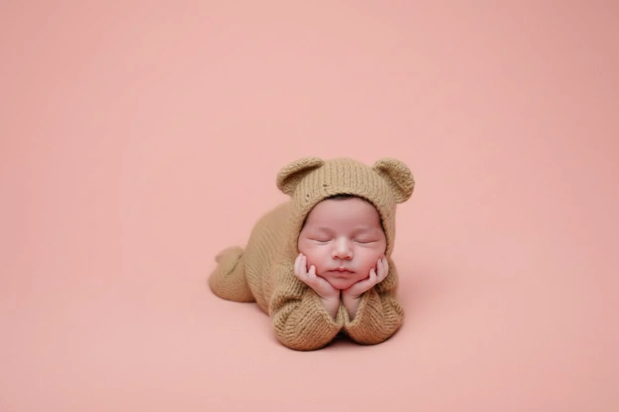 Newborn baby girl in teddy bear outfit on pink fabric background