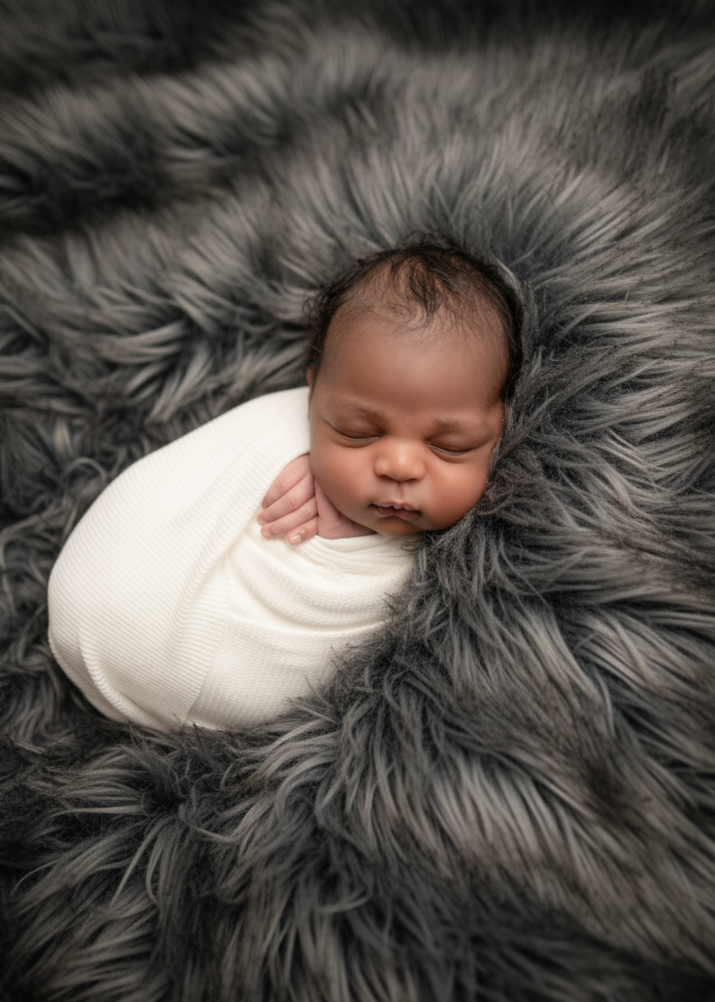 Newborn baby boy wrapped in white fabric on gray furry background