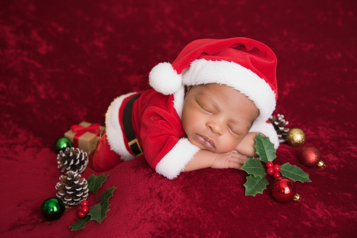 A baby dressed in a Santa Claus outfit, including a red hat with white trim and a red suit, is peacefully sleeping on a red surface surrounded by Christmas decorations such as pine cones, holly leaves, red berries, and gold and red Christmas balls.