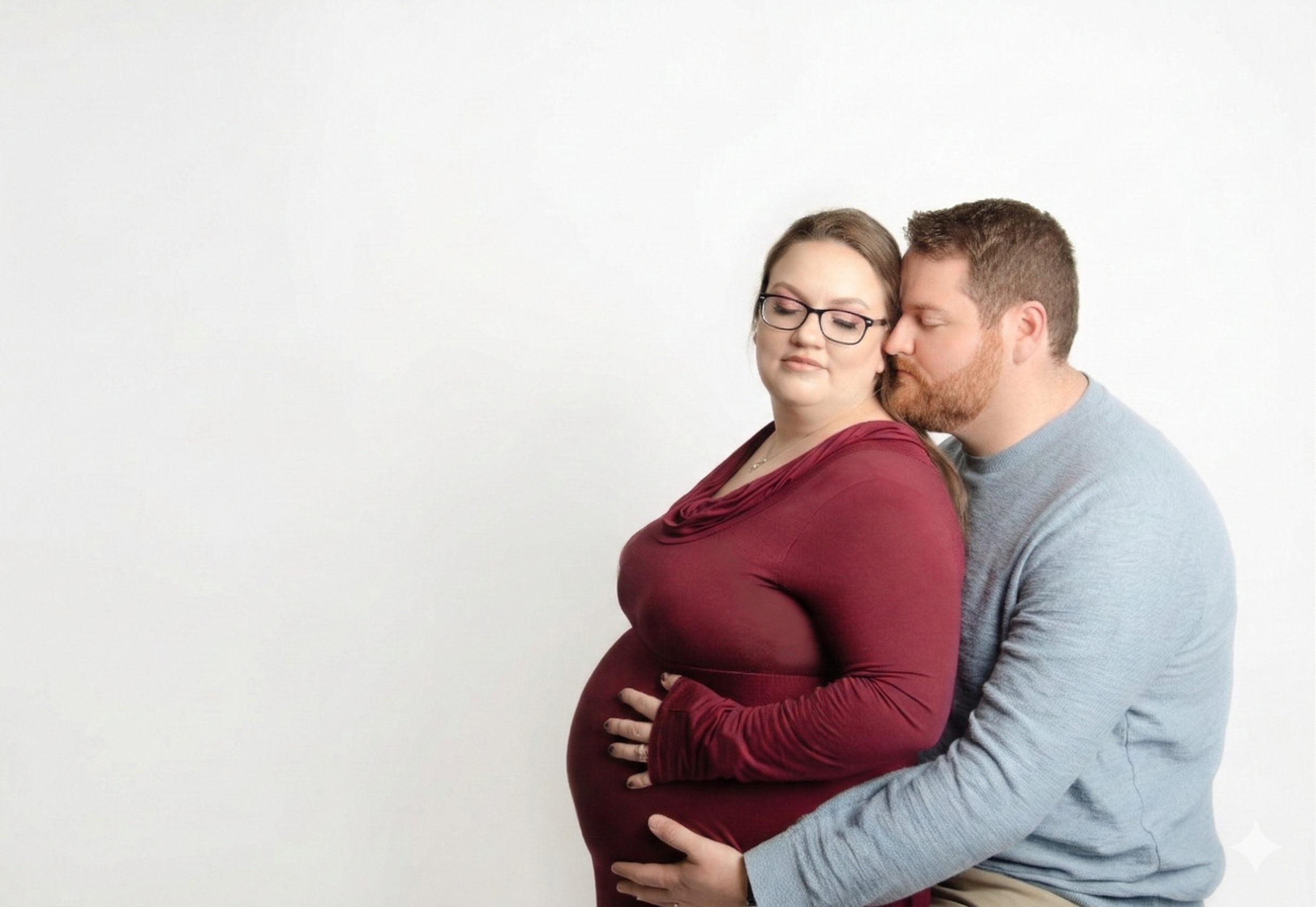 A couple in an intimate pose, the woman is pregnant, wearing a red dress, the man is embracing her from behind, both have closed eyes, against a plain white background.