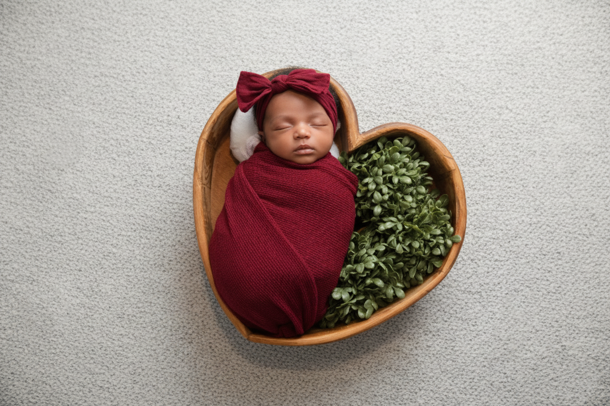 A newborn baby wrapped in a red blanket with a matching headband, sleeping in a wooden heart-shaped bowl filled with green leaves on a textured gray surface.