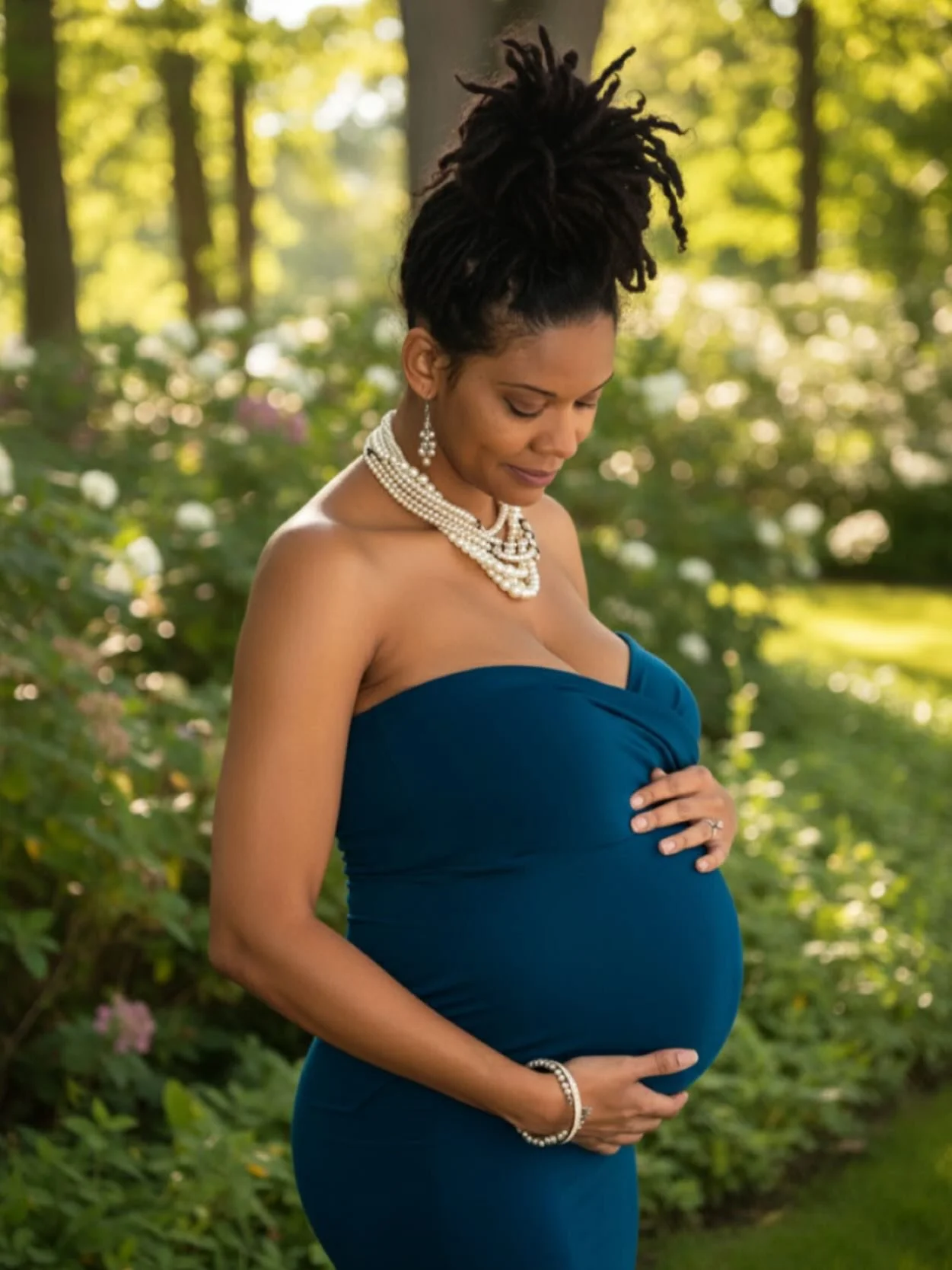 A pregnant woman in a strapless blue dress standing outdoors during daytime, holding her belly with both hands, surrounded by greenery and blurred flowers in the background.