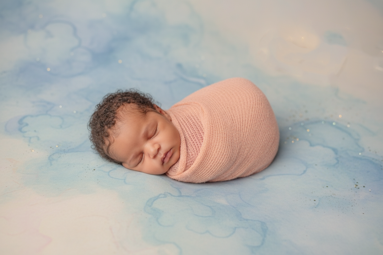 A sleeping baby wrapped in a pink blanket on a soft pastel-colored surface.