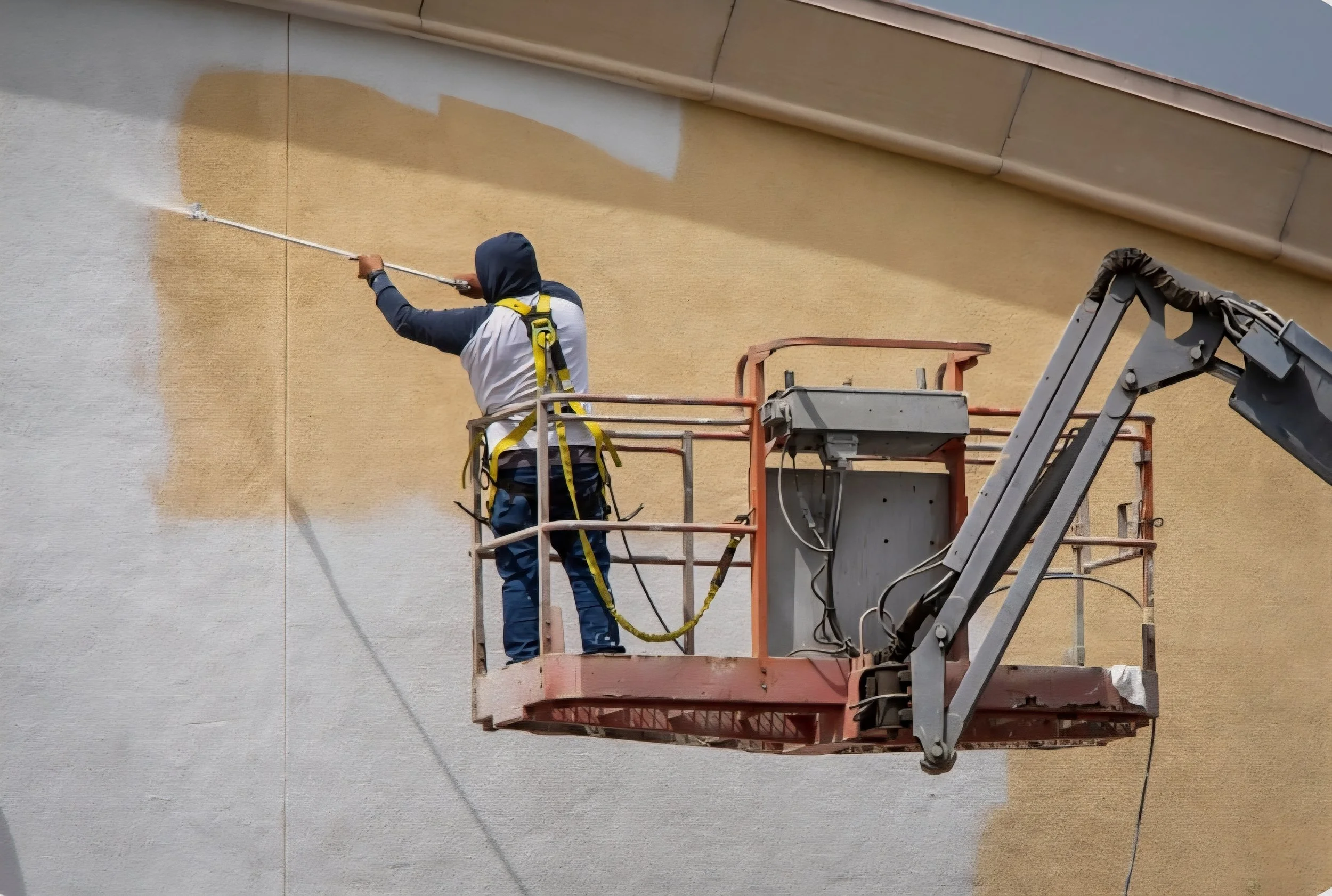 Worker on a cherry picker spray-painting or cleaning the exterior wall of a building with a beige and white textured surface.